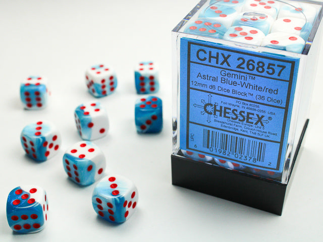 Gemini Astral Blue-White/red 12mm d6 Dice Block (36 dice)